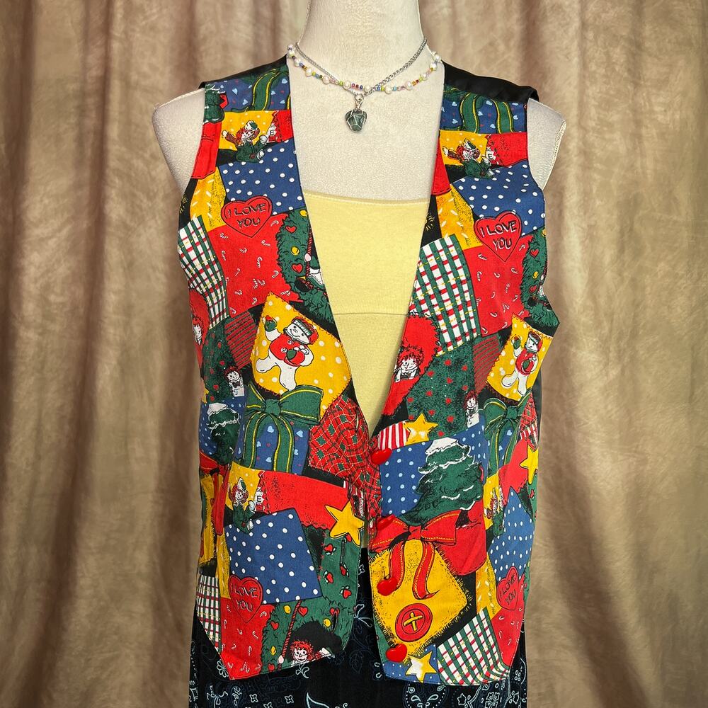 Vintage Snowden Vest 90s Patchwork Holiday Christmas Raggedy Ann & Andy Silk